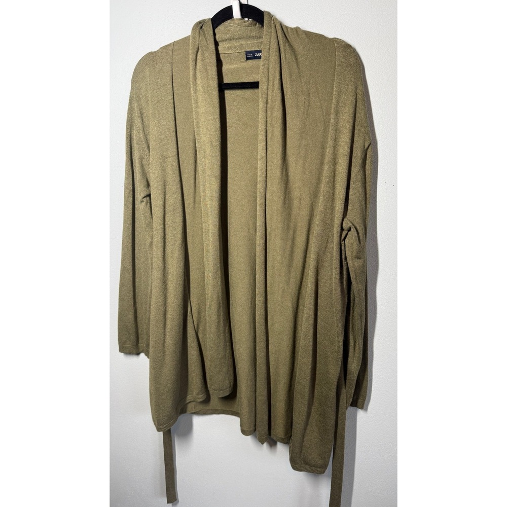 Zara Womens Olive Green Knit Cardigan Open Front Tie Waist Sweater Large Office
